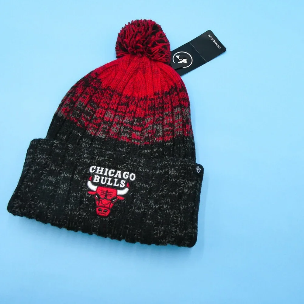 '47 Brand Chicago Bulls Winter Hat Mens Black Red Knit Acrylic Beanie NBA‎ Pom